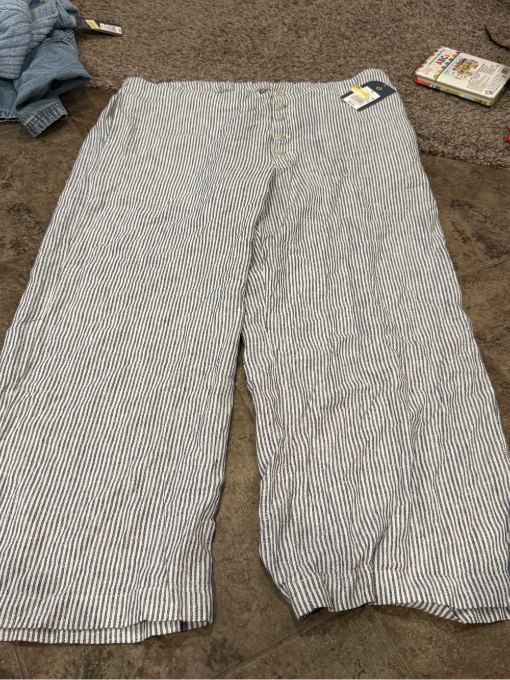 🤍womens Blue & White Striped linen Casual Pants